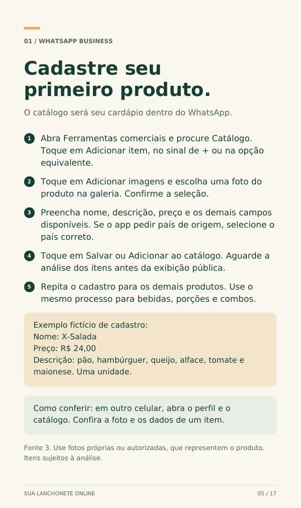 Página 5 do ebook: cinco passos para cadastrar um produto no catálogo do WhatsApp Business, com exemplo e conferência.
